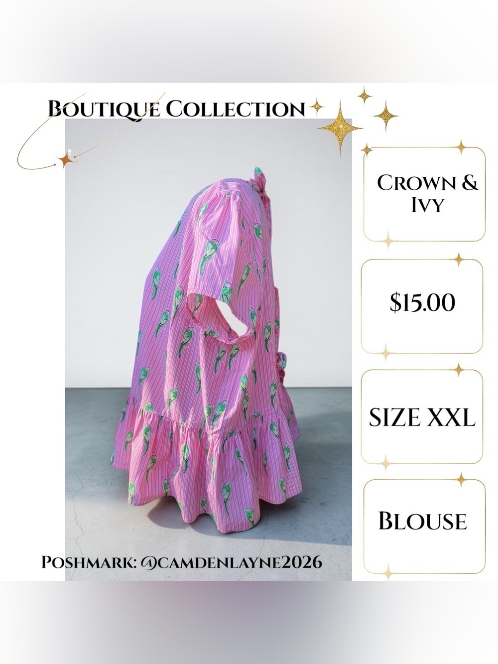 crown & ivy Pink Short Sleeve Peplum Top with Parrot Print. Tie back. - Picture 5 of 8